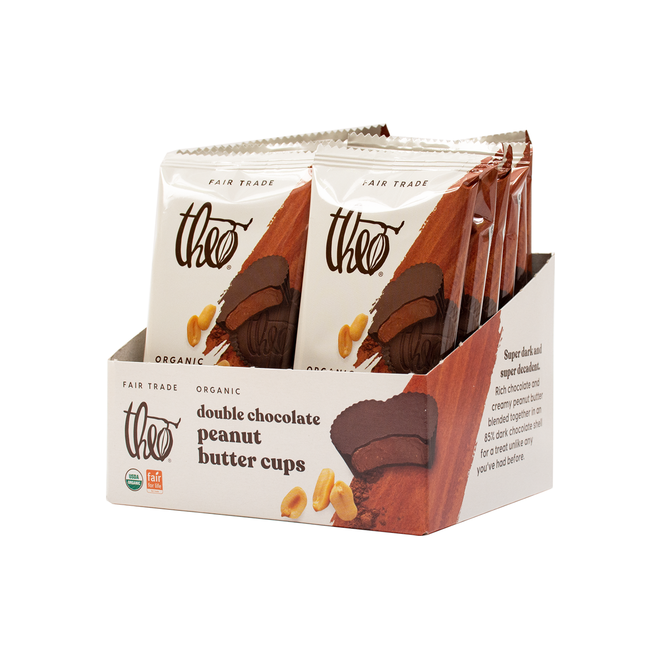 Box of 12 Theo double chocolate peanut butter cups on a white background