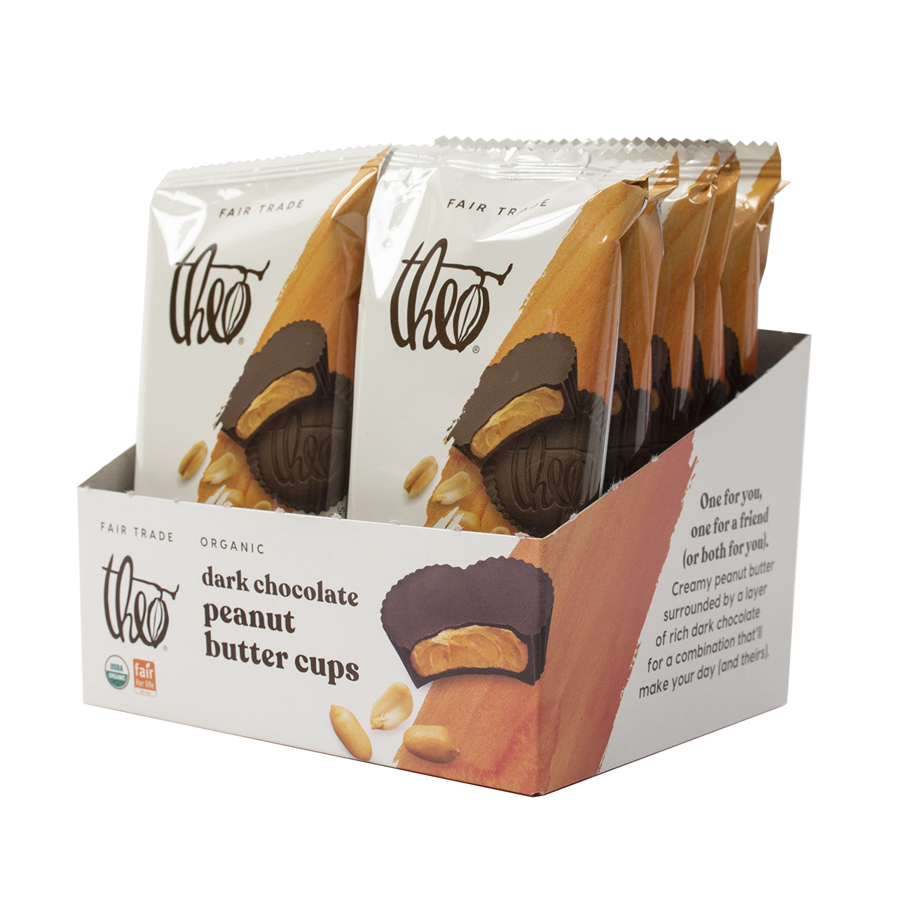 Display box of 12 Theo dark chocolate peanut butter cups on a white background