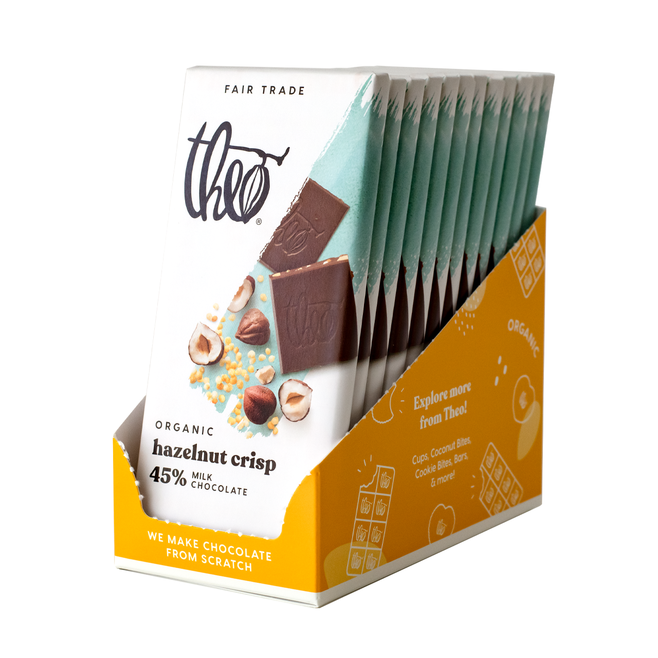 Box of 12 Theo Organic Hazelnut Crisp chocolate bars on a white background