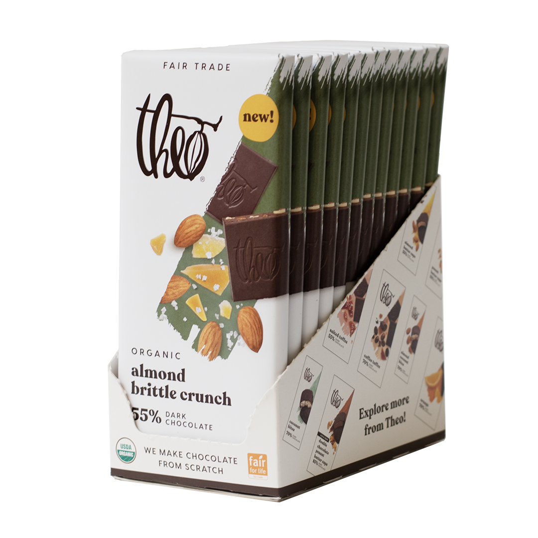 Box of 12 Theo Organic Almond Brittle Crunch 55% Dark Chocolate bars on a white background