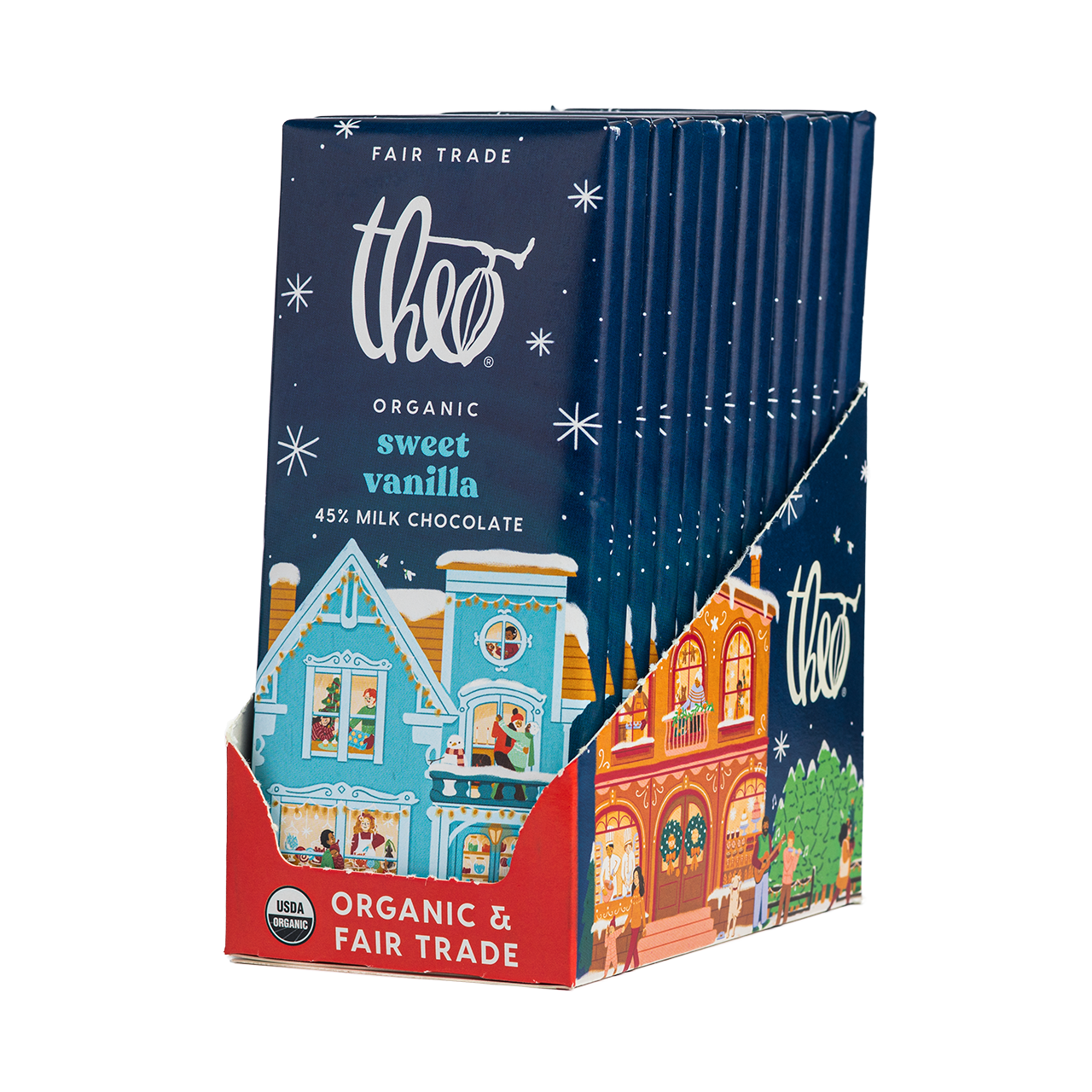 Box of 12 Theo Organic sweet vanilla chocolate bars with festive packaging.