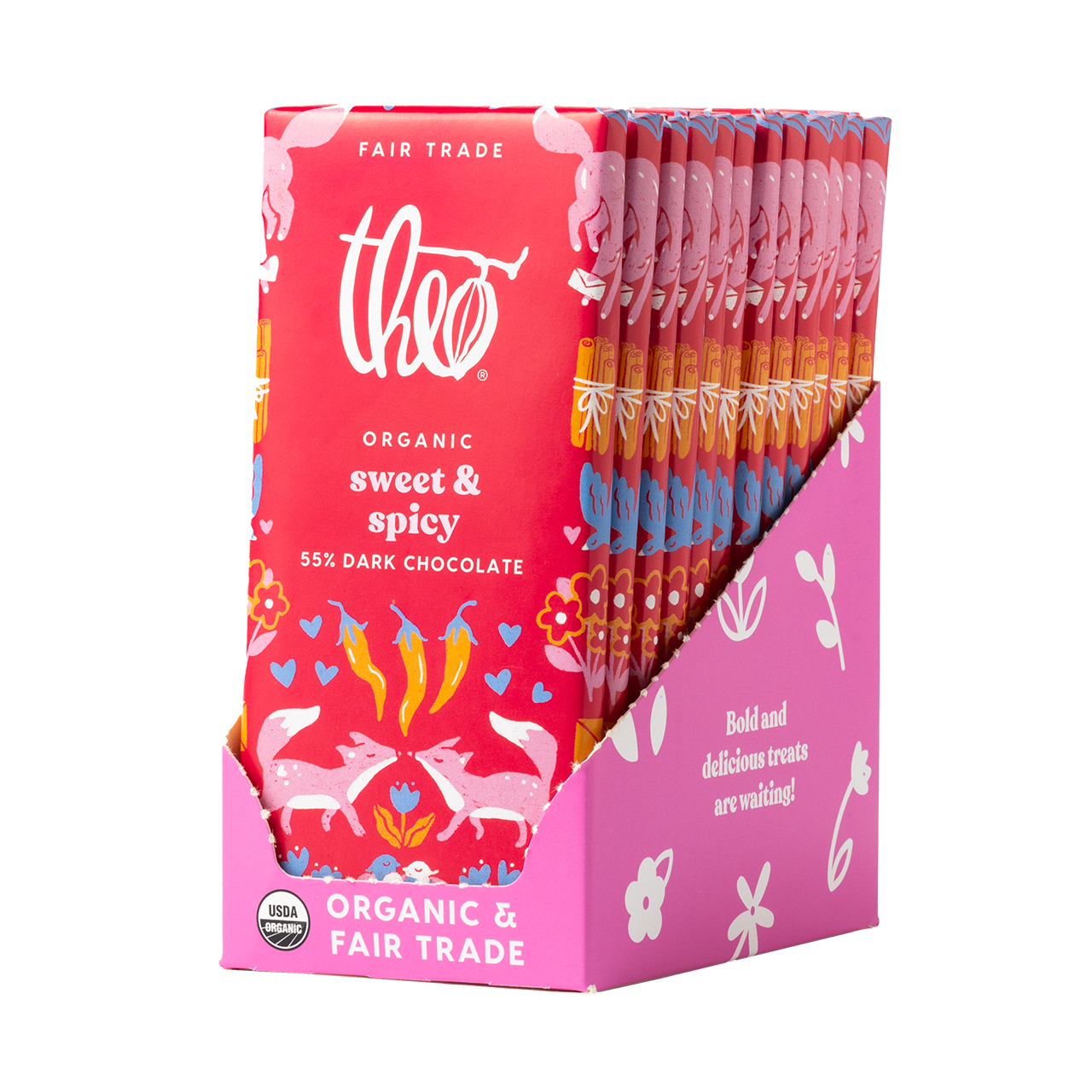 Box of 12 Theo Organic sweet & spicy 55% dark chocolate bars on a white background