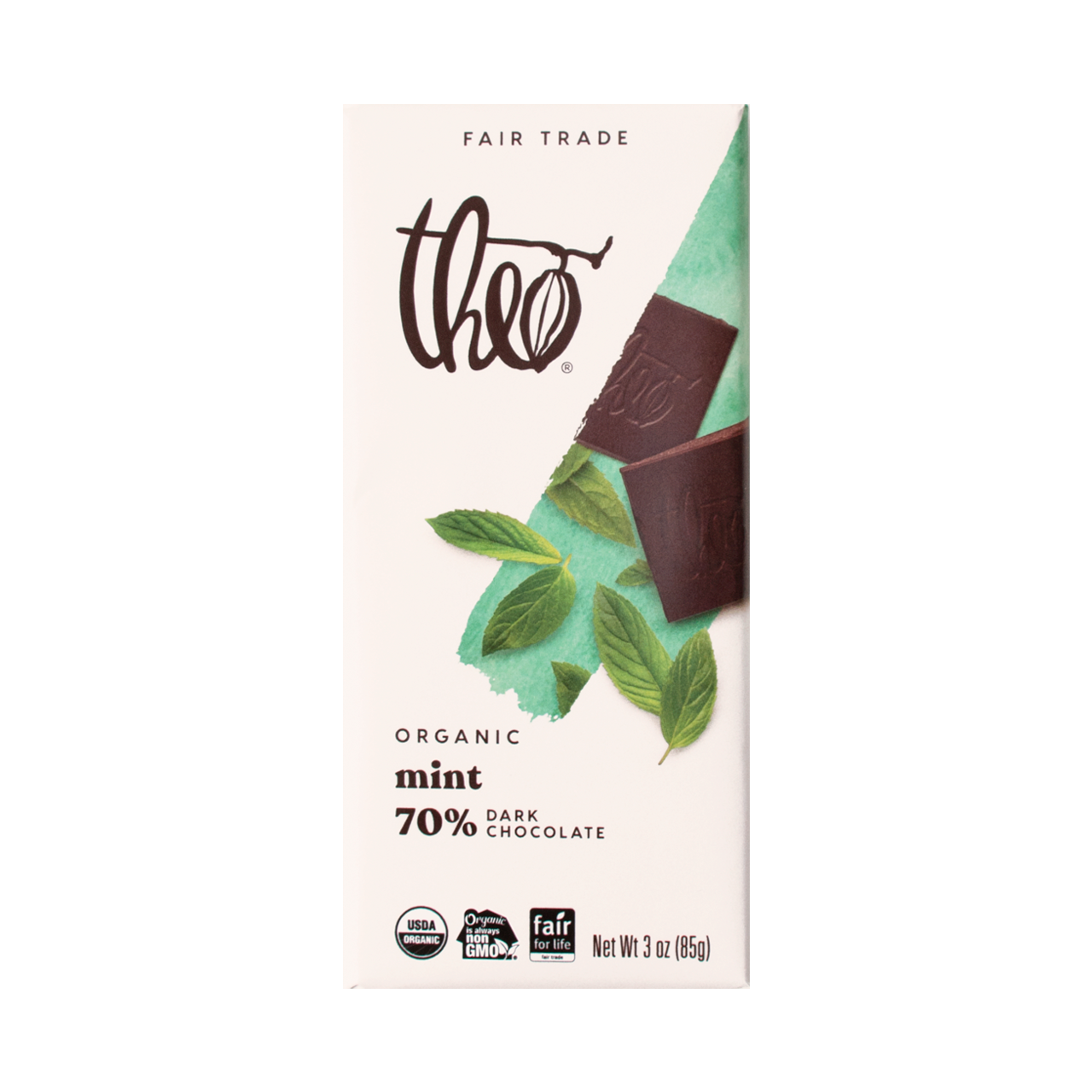 Theo organic mint 70% dark chocolate bar packaging on a white background