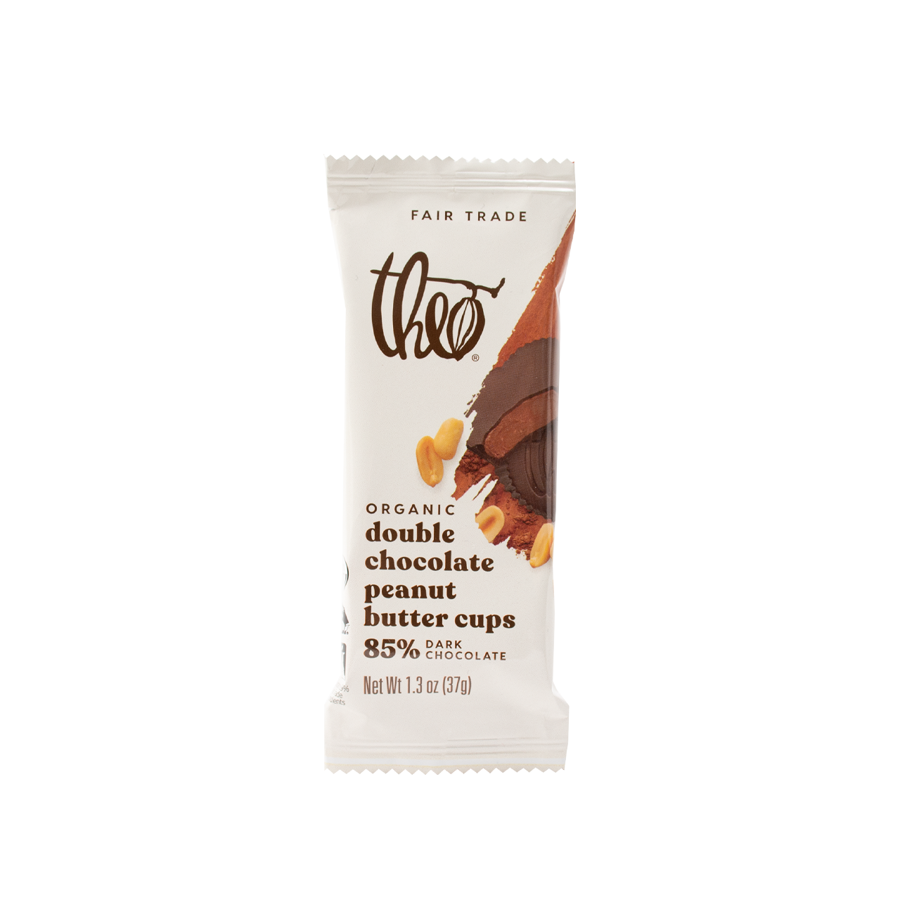 Theo Organic Double Chocolate Peanut Butter Cups with 85% dark chocolate packaging on a white background