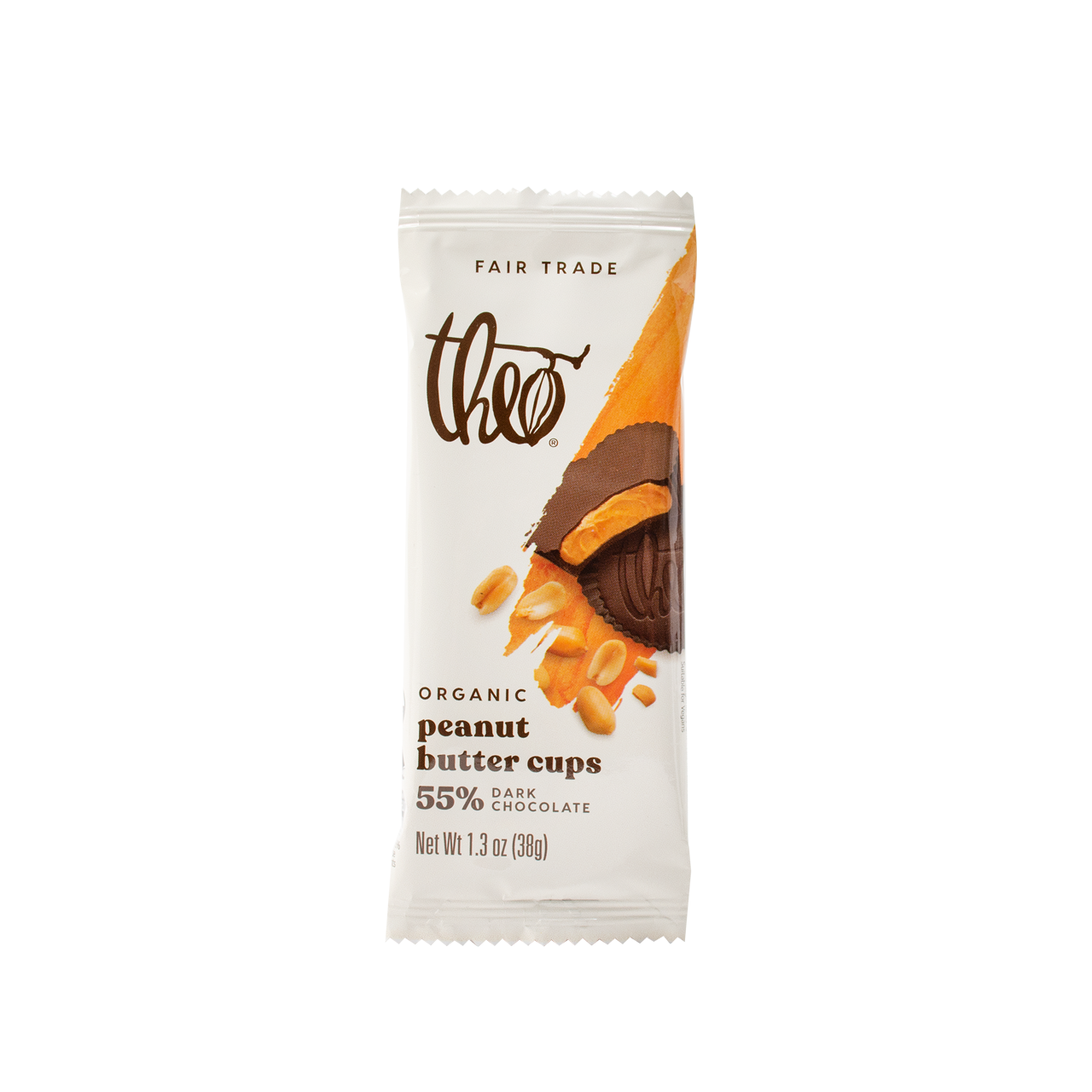 Theo Organic Peanut Butter Cups with 55% dark chocolate packaging on a white background