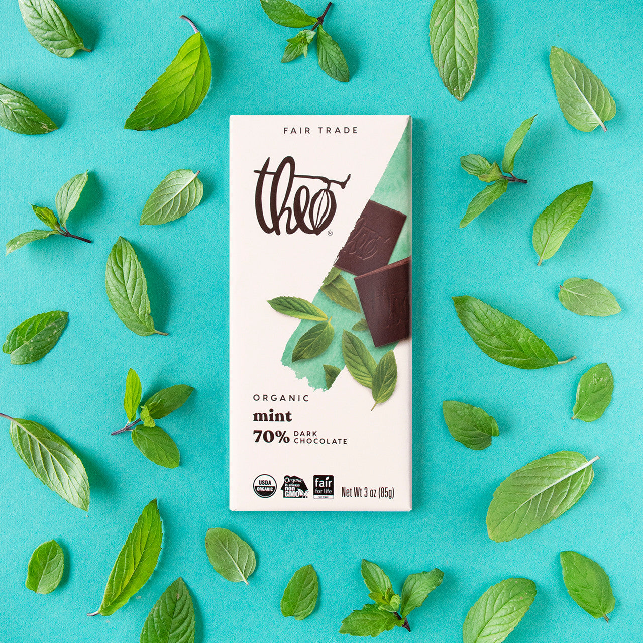 Theo mint dark chocolate bar packaging surrounded by mint leaves on a blue background