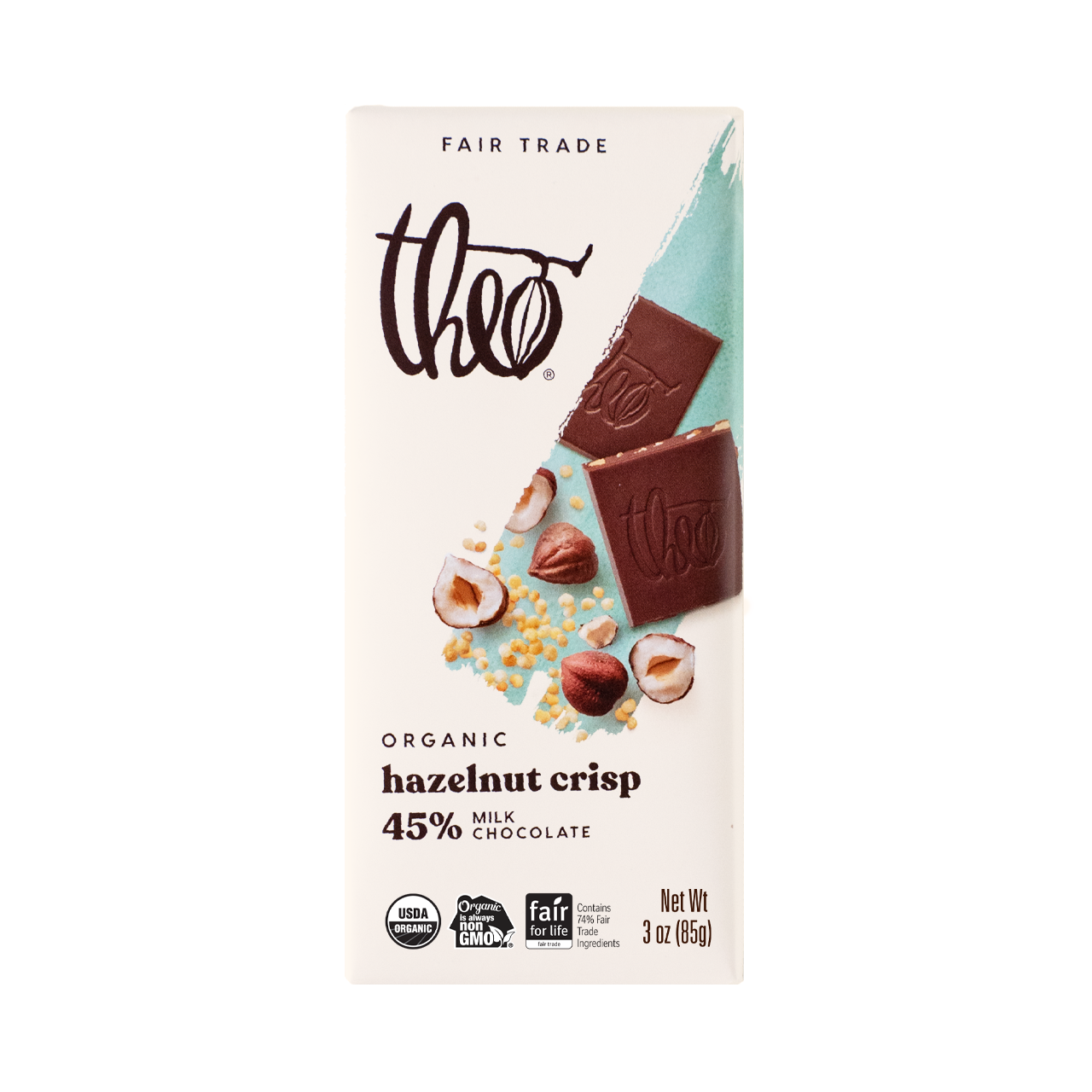 Theo Organic hazelnut crisp milk chocolate bar packaging on a white background