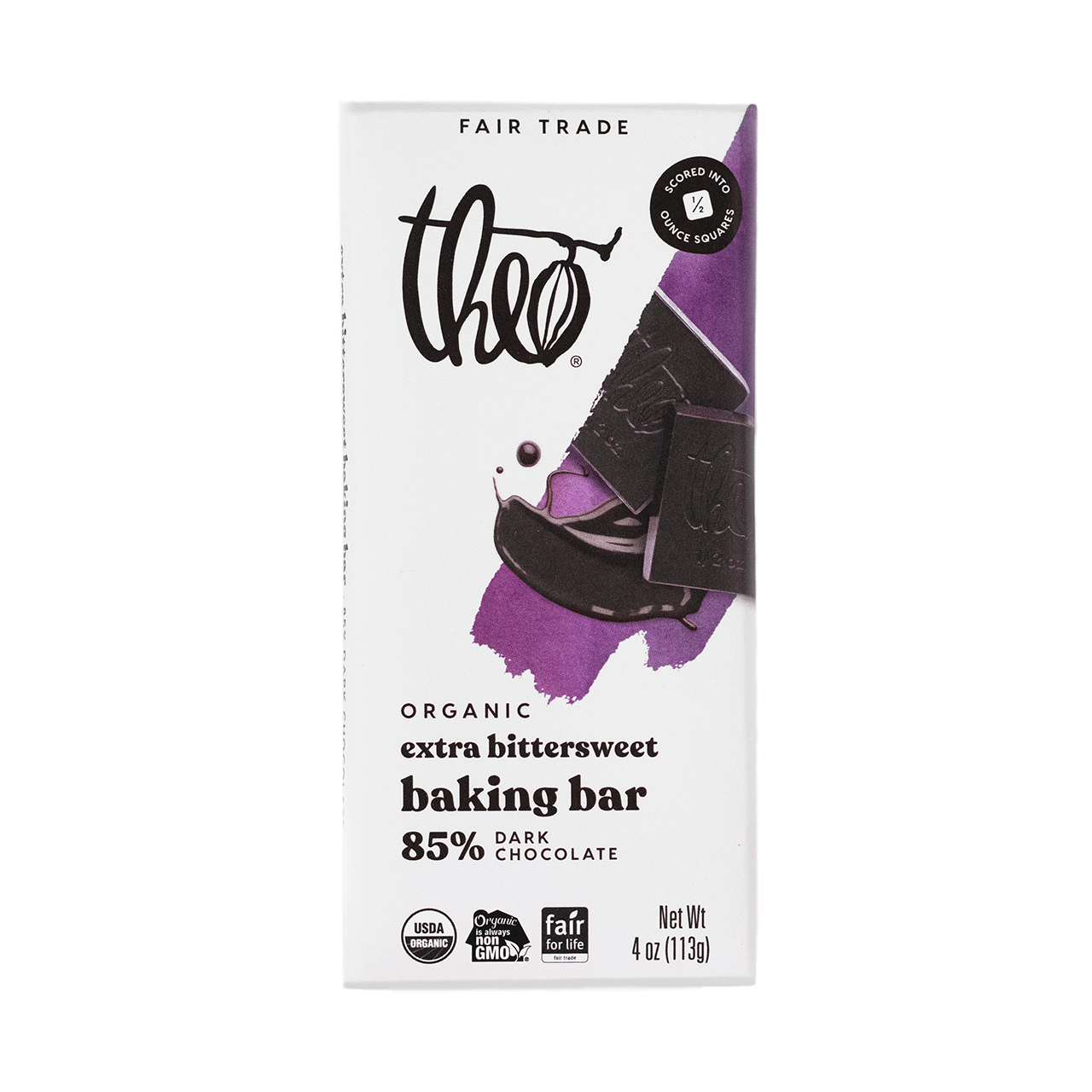 Theo organic extra bittersweet baking bar 85% dark chocolate packaging on a white background