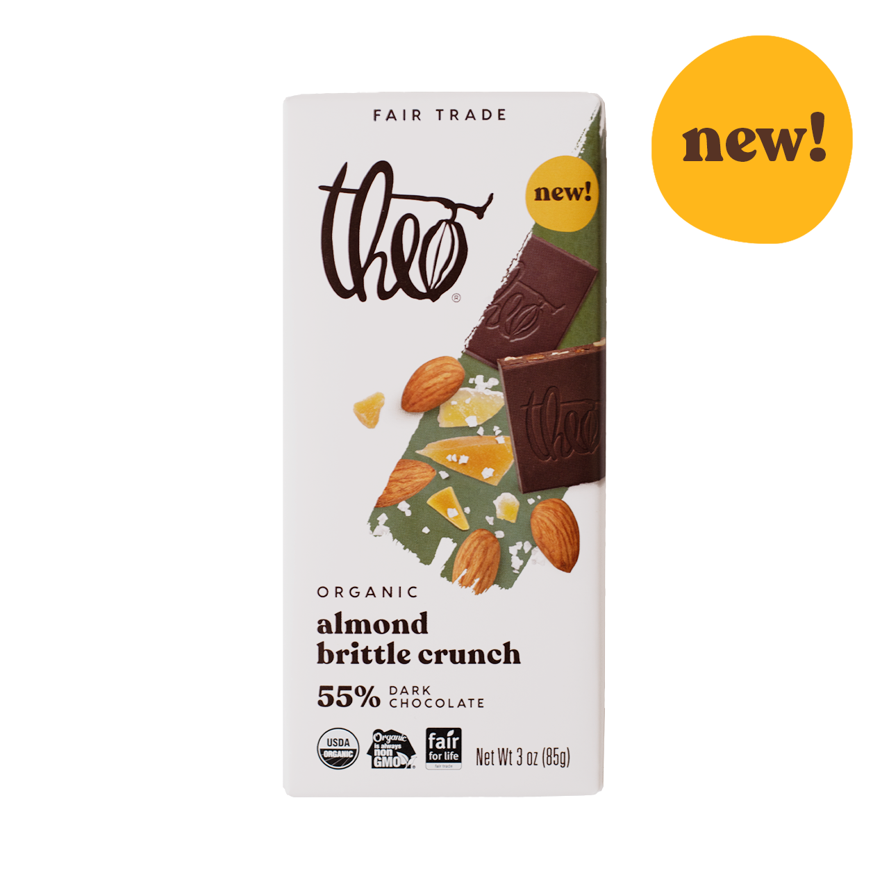 Front of Theo Organic Almond Brittle Crunch 55% dark chocolate bar with &