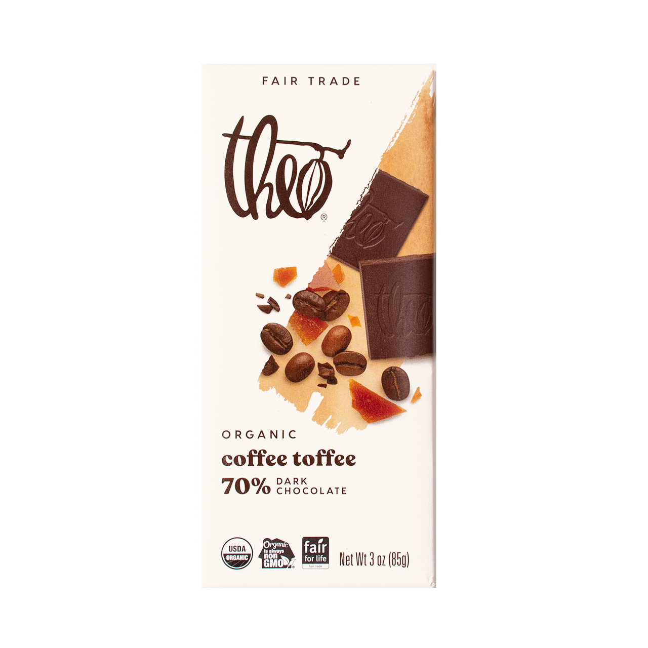 Theo Organic Coffee Toffee 70% Dark Chocolate bar packaging on a white background