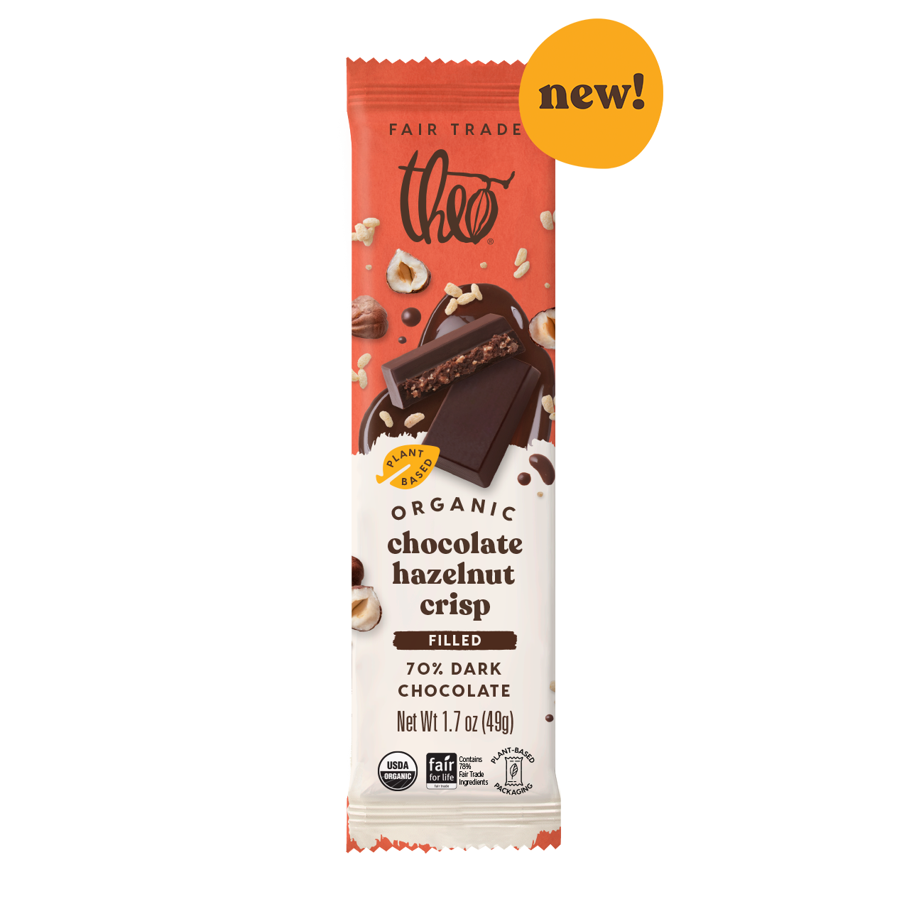 Theo 70% dark chocolate hazelnut crisp filled bar packaging with &