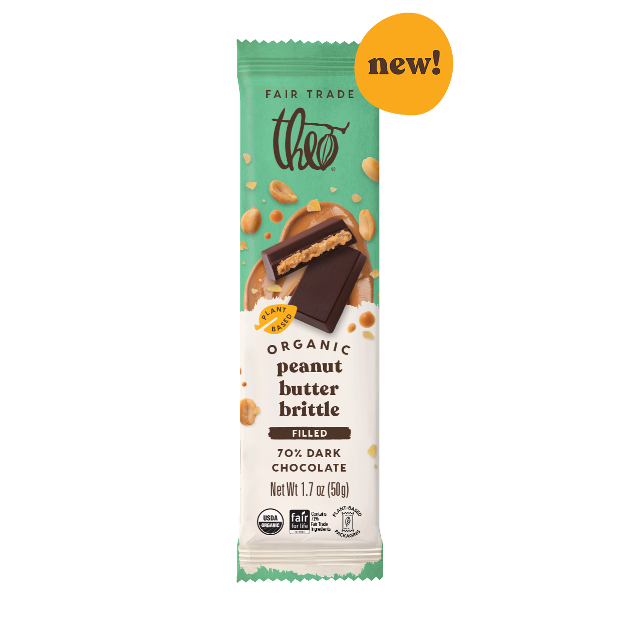 Theo Organic Peanut Butter Brittle 70% dark chocolate bar packaging on a white background