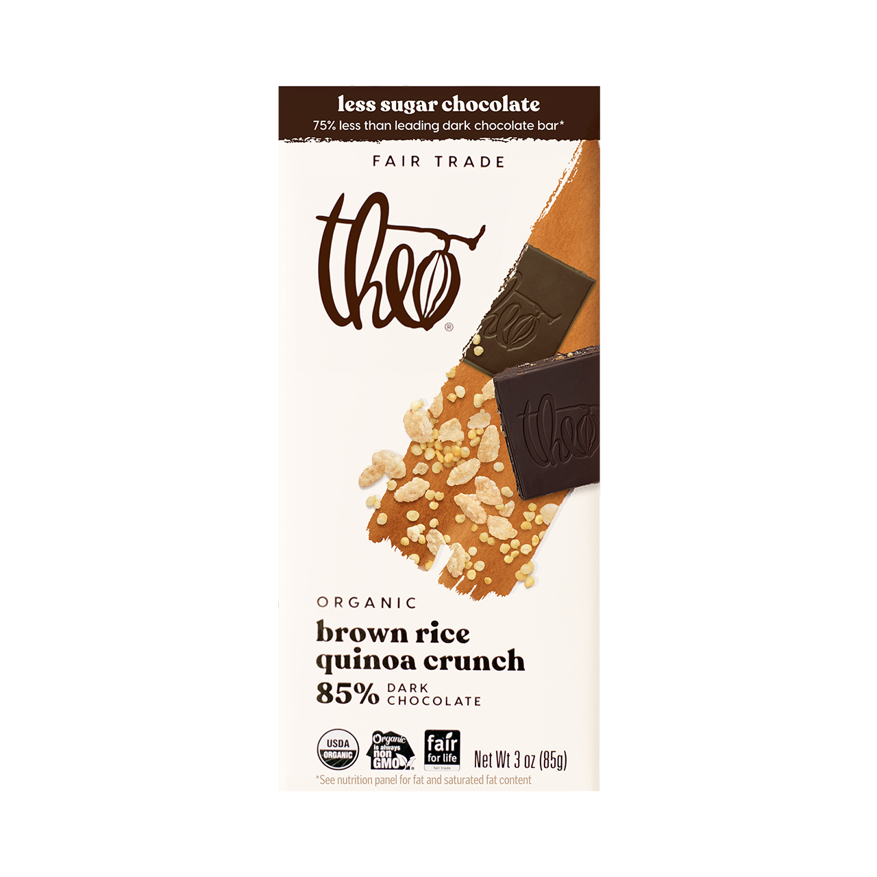 Theo brown rice quinoa crunch 85% dark chocolate bar packaging on a white background