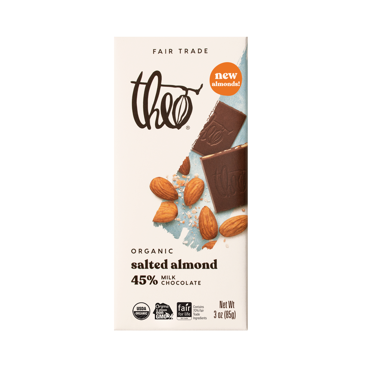 Theo Organic Salted Almond 45% Milk Chocolate bar packaging on a white background