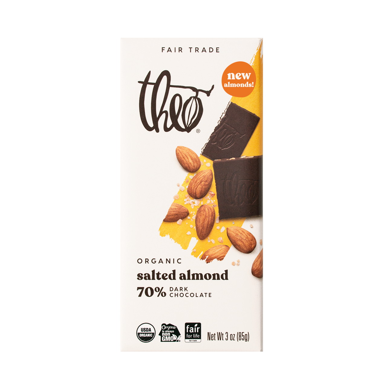 Theo Organic Salted Almond 70% Dark Chocolate packaging on a white background