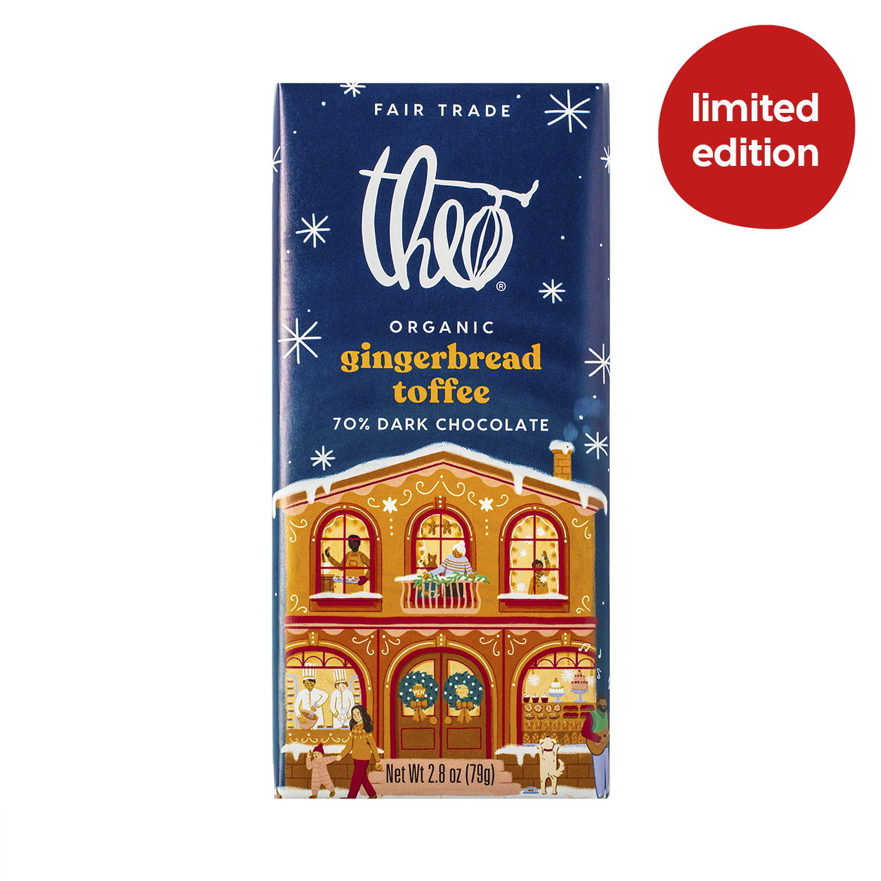 Theo Organic Gingerbread Toffee 70% dark chocolate bar packaging with a festive design on a white background.