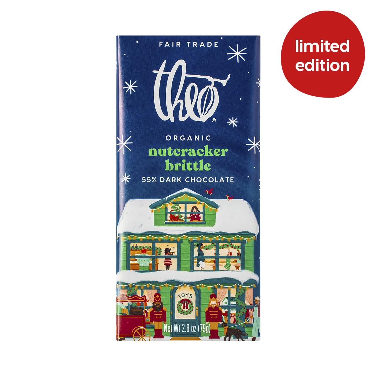 Theo Organic Nutcracker Brittle 55% dark chocolate bar packaging with a festive design on a white background.
