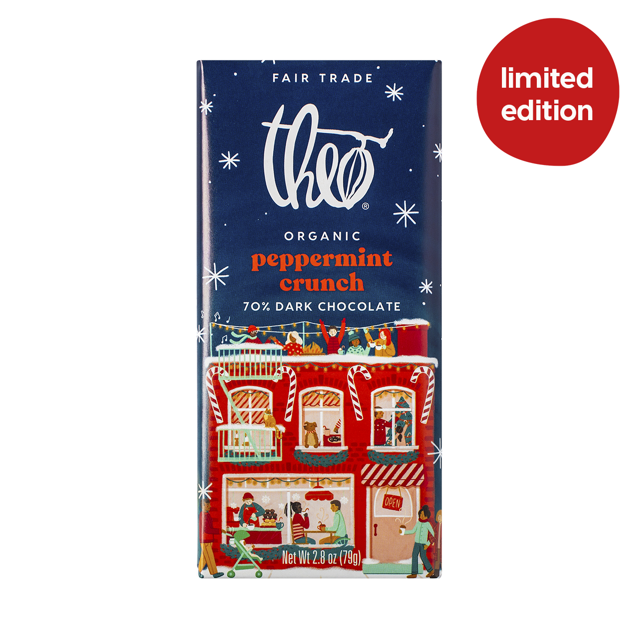 Theo Organic Peppermint Crunch 70% Dark Chocolate bar packaging with festive design and &