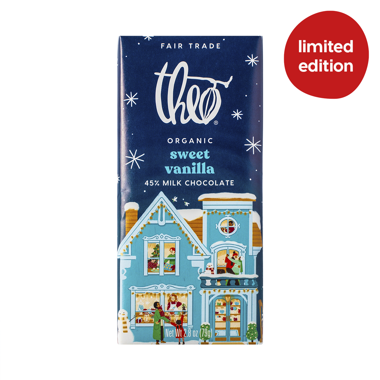 Theo Organic sweet vanilla milk chocolate bar packaging with a limited edition label on a white background