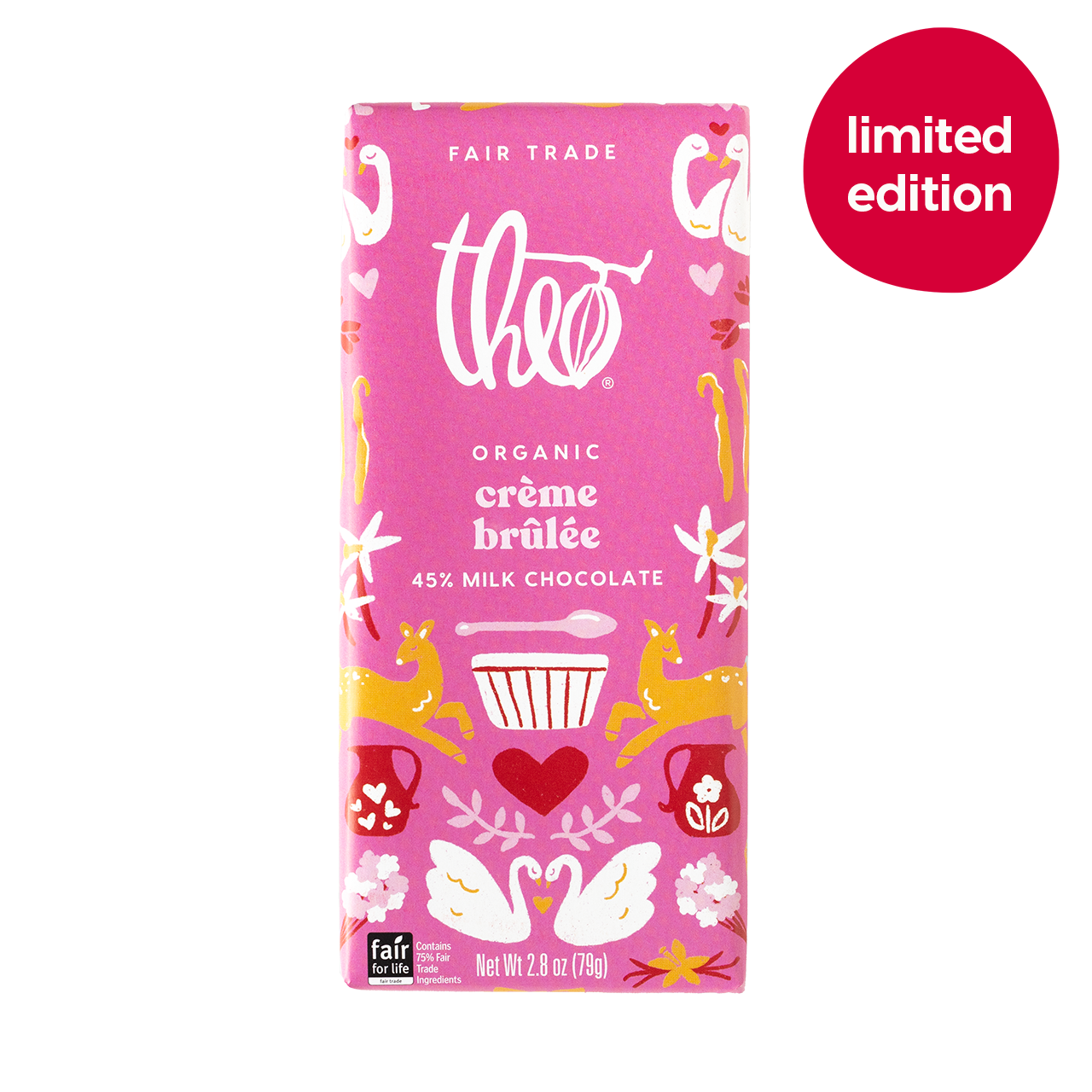 Pink limited edition Theo crème brélèe 45% milk chocolate bar packaging