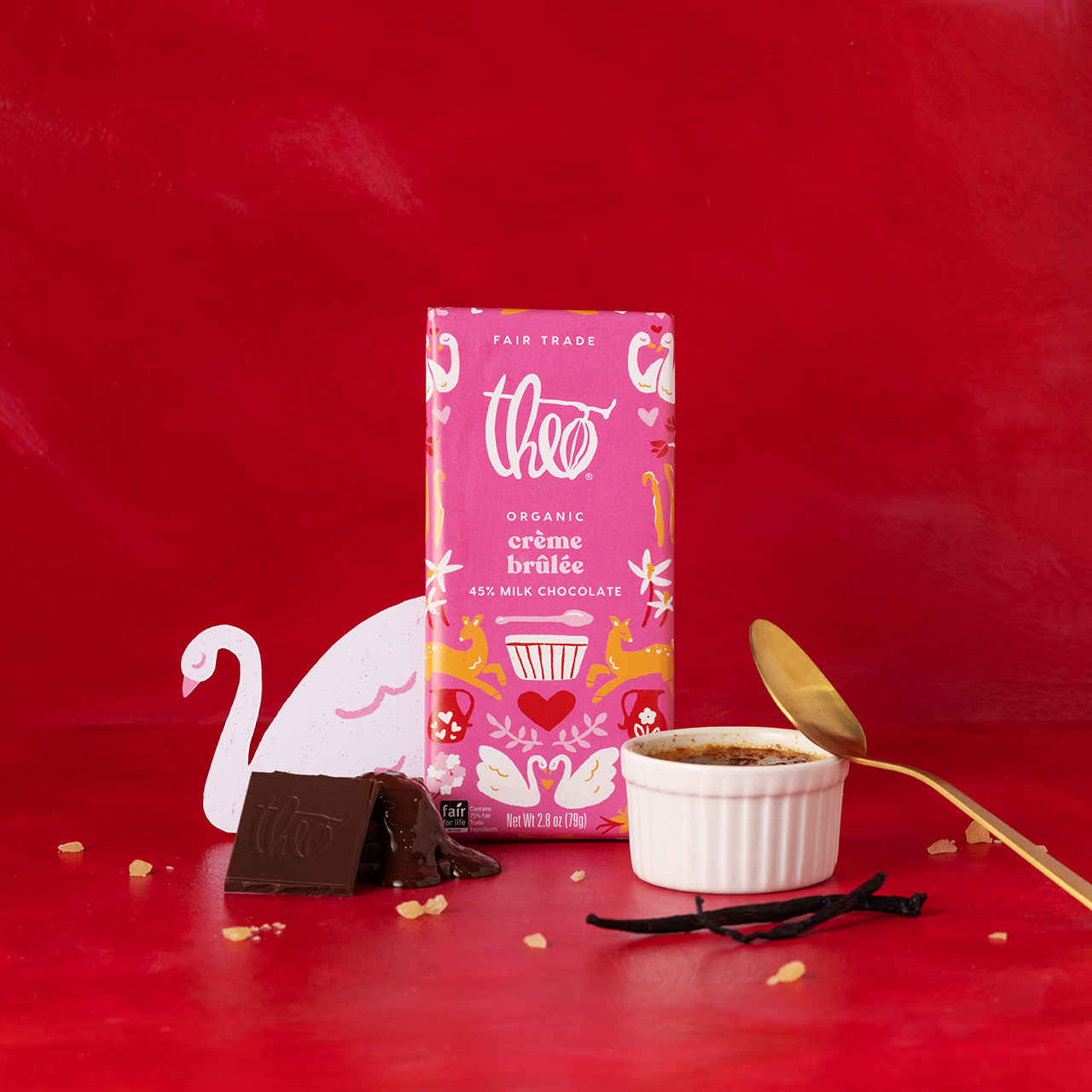 Theo crème brélèe chocolate bar with a red background