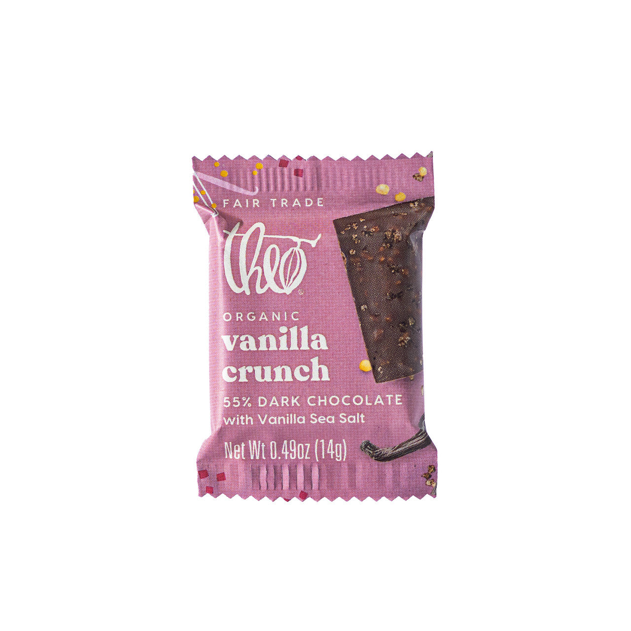 Pink package of individually wrapped Theo Organic Vanilla Crunch chocolate bar