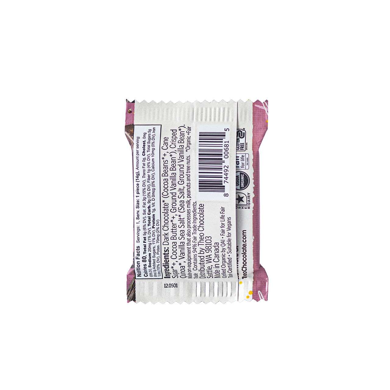 Back of an individually wrapped Vanilla Crunch Theo Chocolate bar packaging with barcode and nutritional information