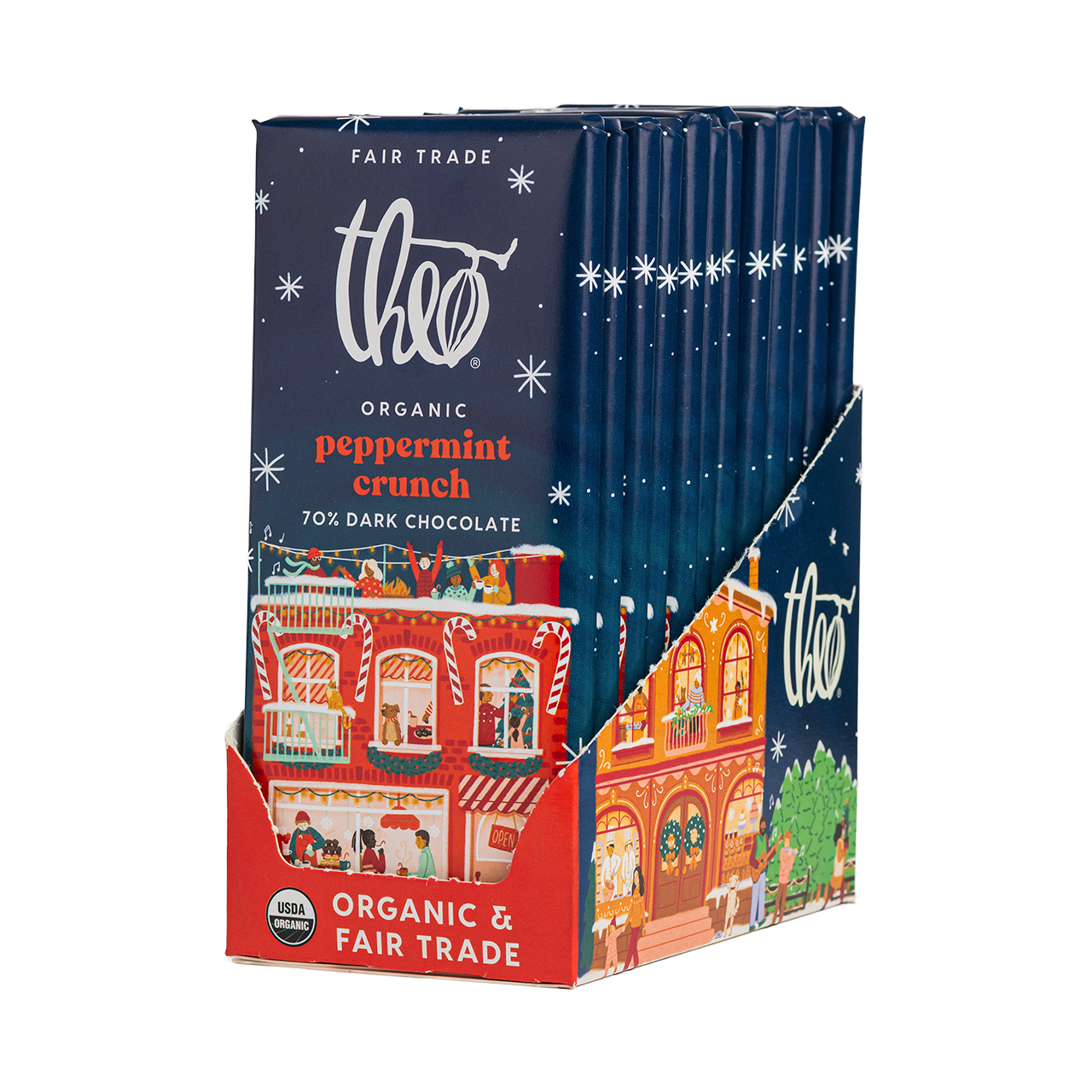 Box of 12 Theo Organic Peppermint Crunch 70% Dark Chocolate bars with festive design