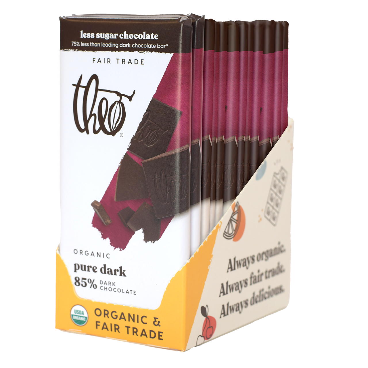 Box of 12 Theo Organic Pure Dark 85% chocolate bars on a white background