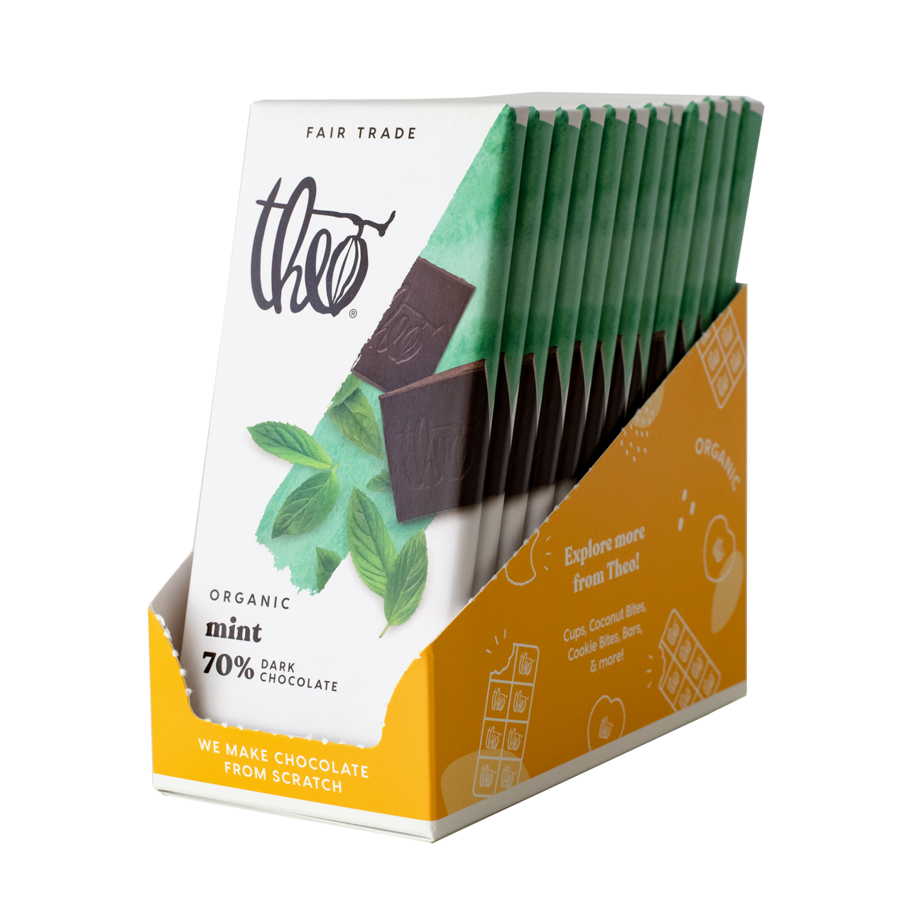 Box of 12 Theo Organic Mint Dark Chocolate with green and orange design.