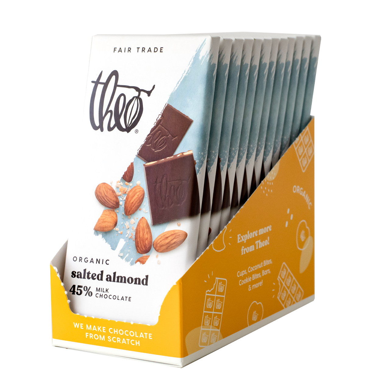 Box of 12 Theo Organic salted almond chocolate bars on a white background