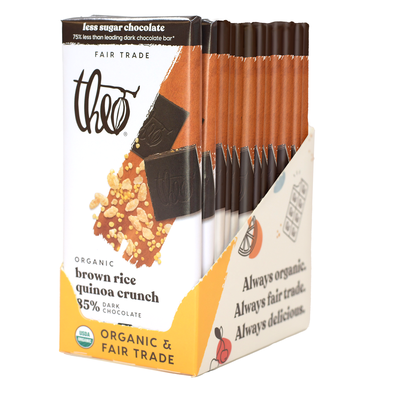 Box of 12 Theo Organic brown rice quinoa crunch dark chocolate bars on a white background