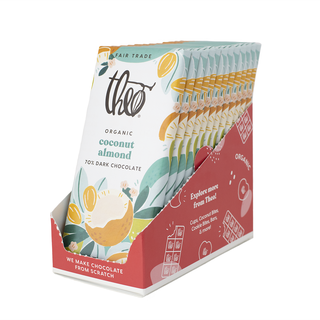 Box of 12 Theo Organic Coconut Almond 70% Dark Chocolate packaging on a white background