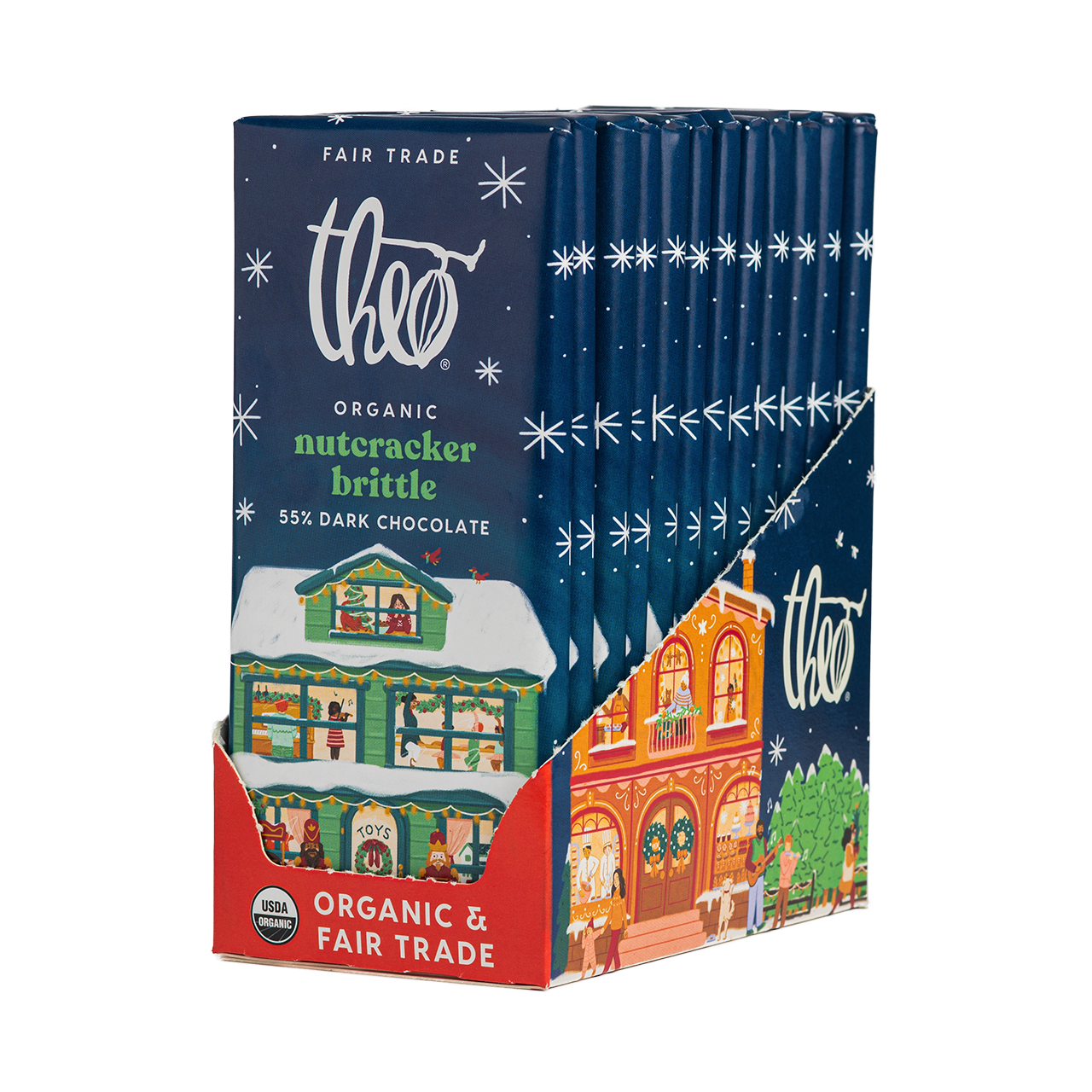 Box of 12 Theo Organic Nutcracker Brittle packaging with festive design on a white background