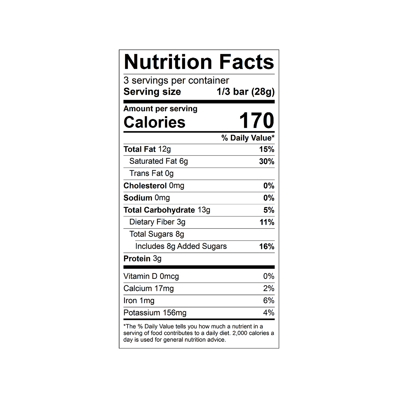 Nutrition facts label for a Theo Organic Coconut Almond 70% Dark Chocolate Bar