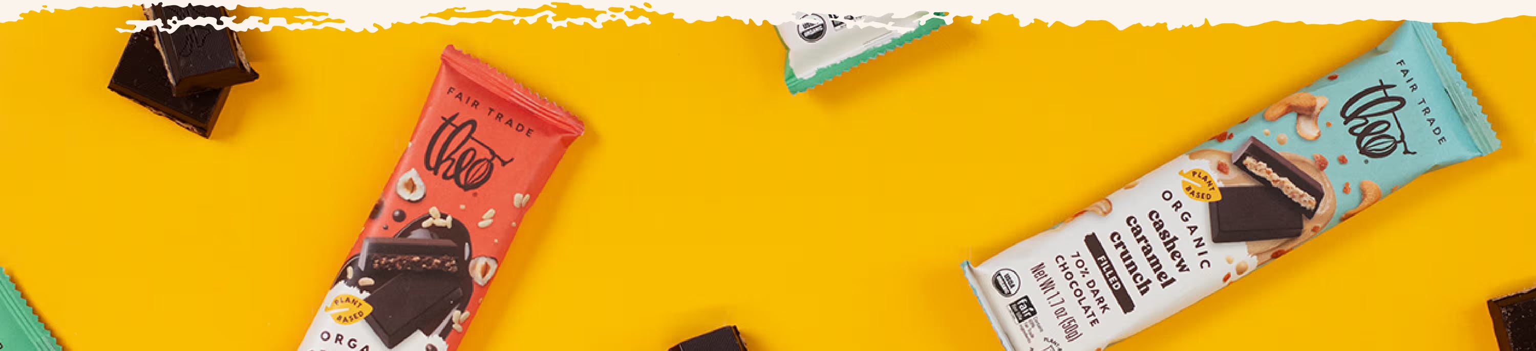 Various chocolate bars on a yellow background