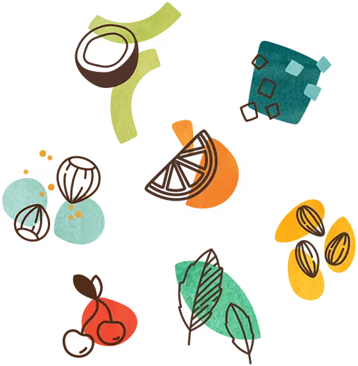 Illustrations of various fruits and nuts