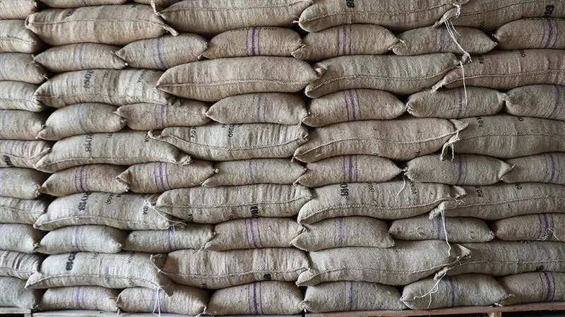 Stack of brown burlap sacks