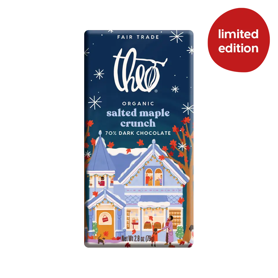 Theo Organic Salted Maple Crunch 70% dark chocolate bar in limited edition holiday packaging with a festive Victorian house illustration