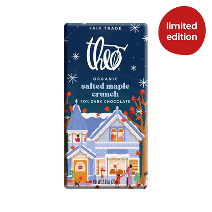 Theo Organic Salted Maple Crunch 70% dark chocolate bar in limited edition holiday packaging with a festive Victorian house illustration