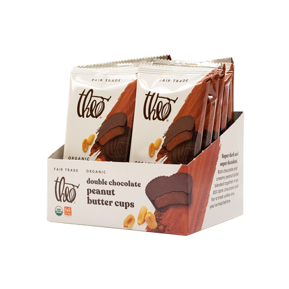 Box of 12 Theo double chocolate peanut butter cups on a white background