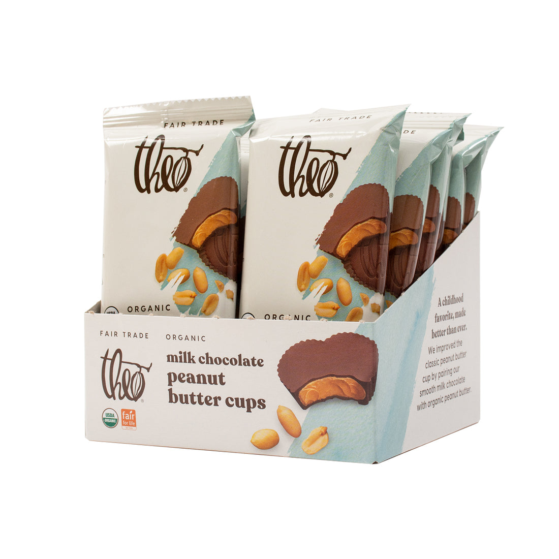 Box of 12 Theo milk chocolate peanut butter cups on a white background