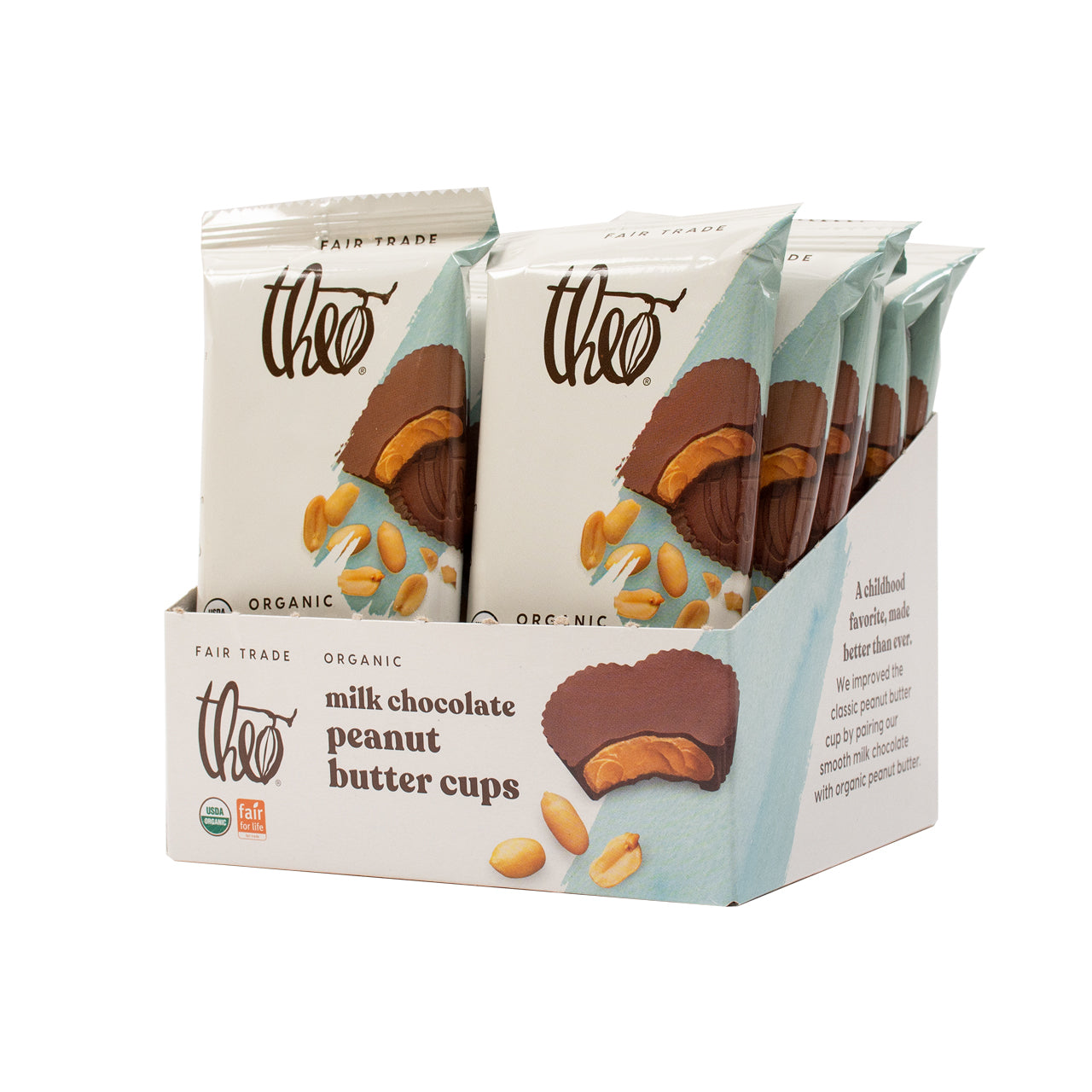 Box of 12 Theo milk chocolate peanut butter cups on a white background