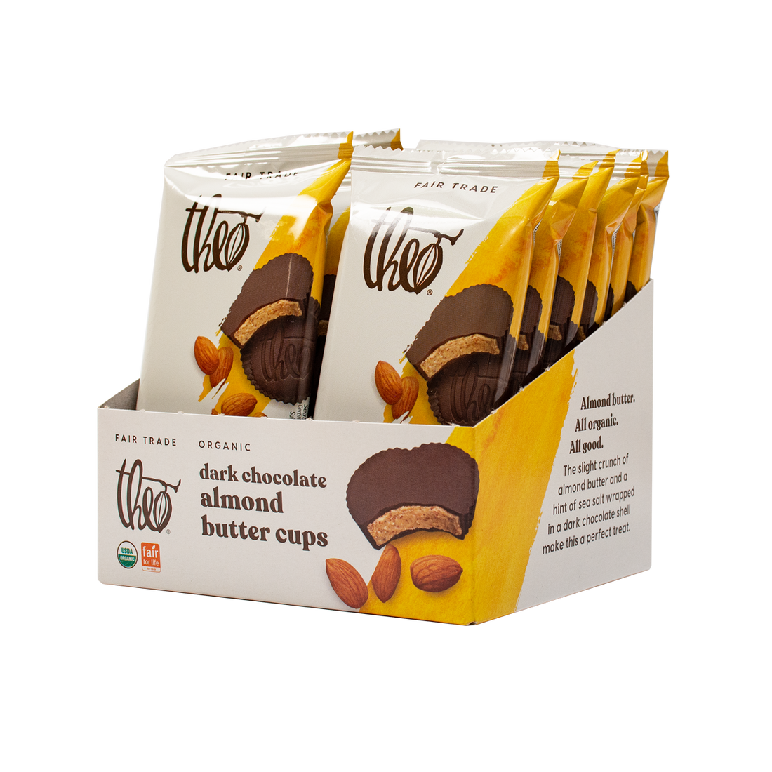 Box of 12 Theo dark chocolate almond butter cups on a white background