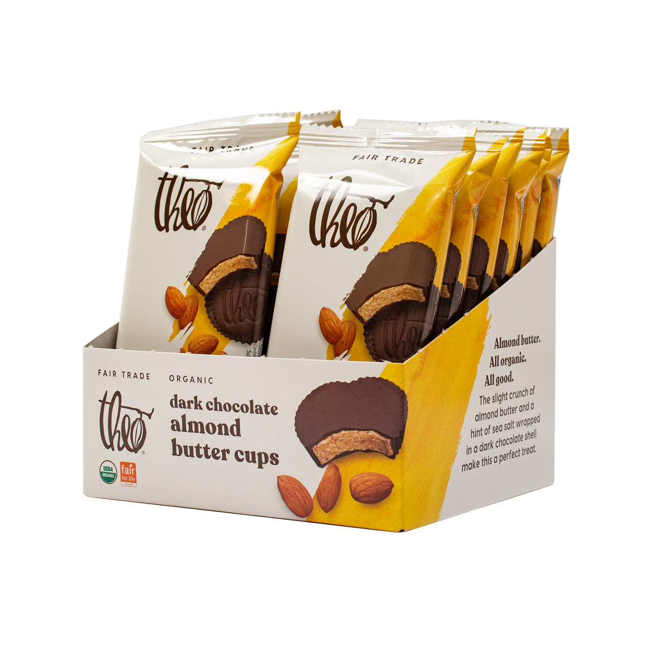 Box of 12 Theo dark chocolate almond butter cups on a white background