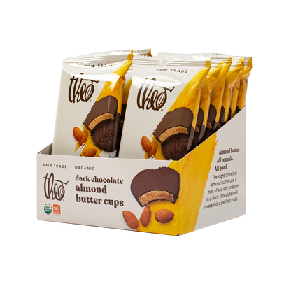 Box of 12 Theo dark chocolate almond butter cups on a white background