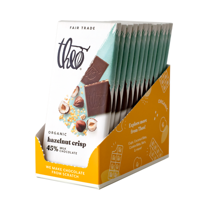 Box of 12 Theo Organic Hazelnut Crisp chocolate bars on a white background