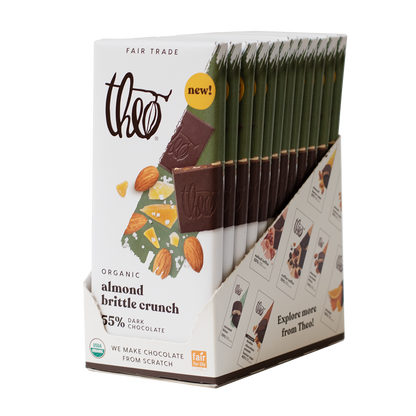 Box of 12 Theo Organic Almond Brittle Crunch 55% Dark Chocolate bars on a white background