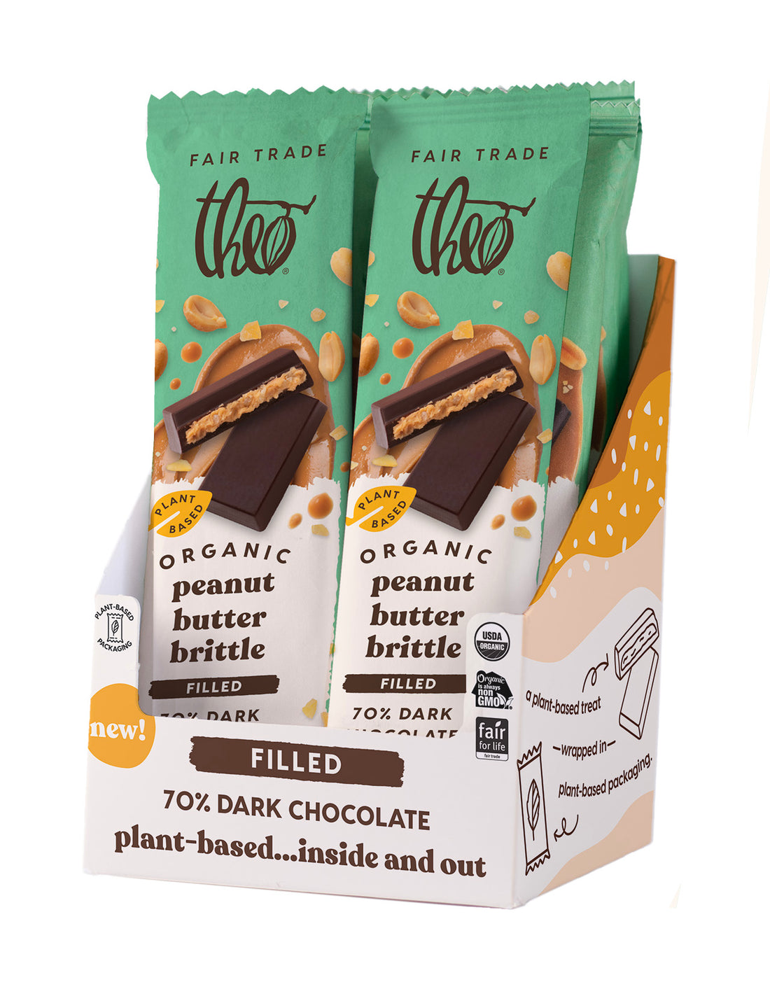 Box of 12 Theo Organic Peanut Butter Brittle filled with 70% dark chocolate on a white background