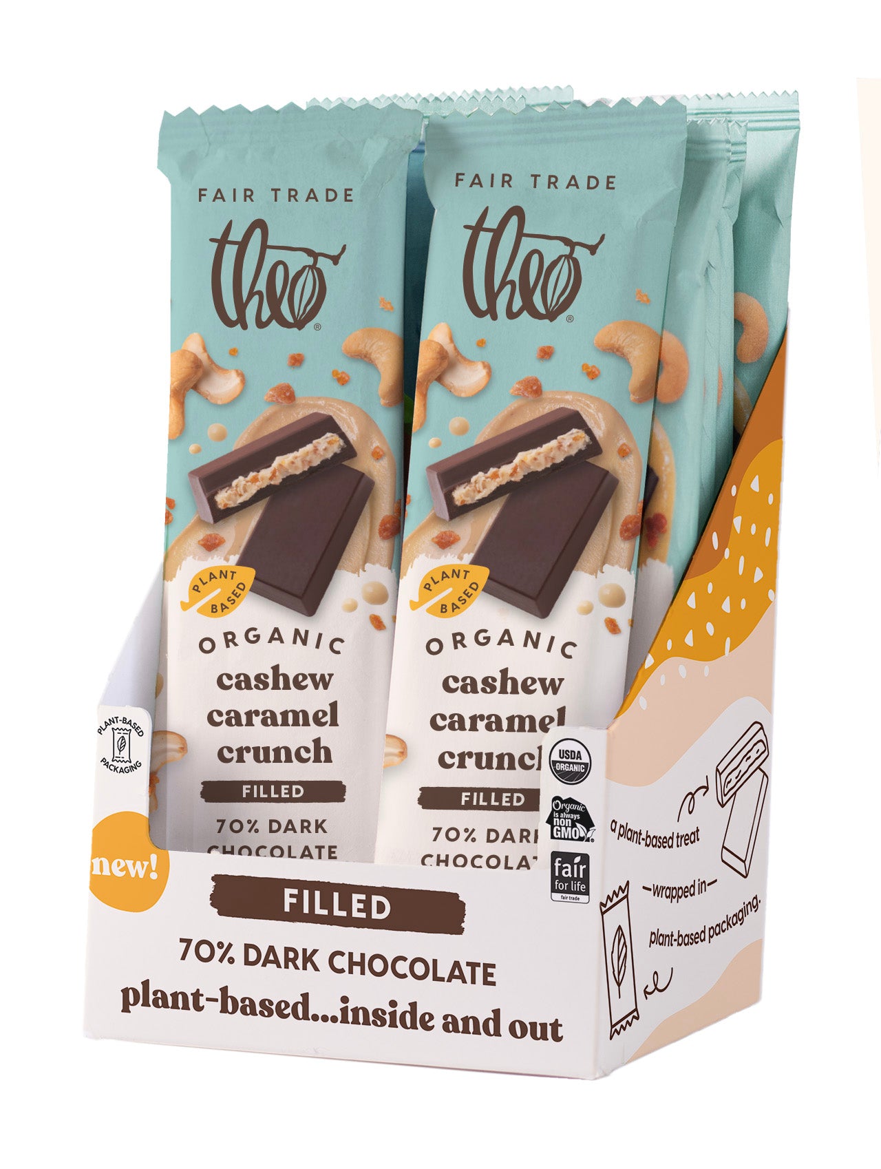 Box of 12 Theo Organic cashew caramel crunch filled chocolate bars on a white background